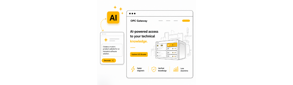 AI-generated product website concept for OPC Gateway, showing a technical knowledge interface and an AI website generation prompt.